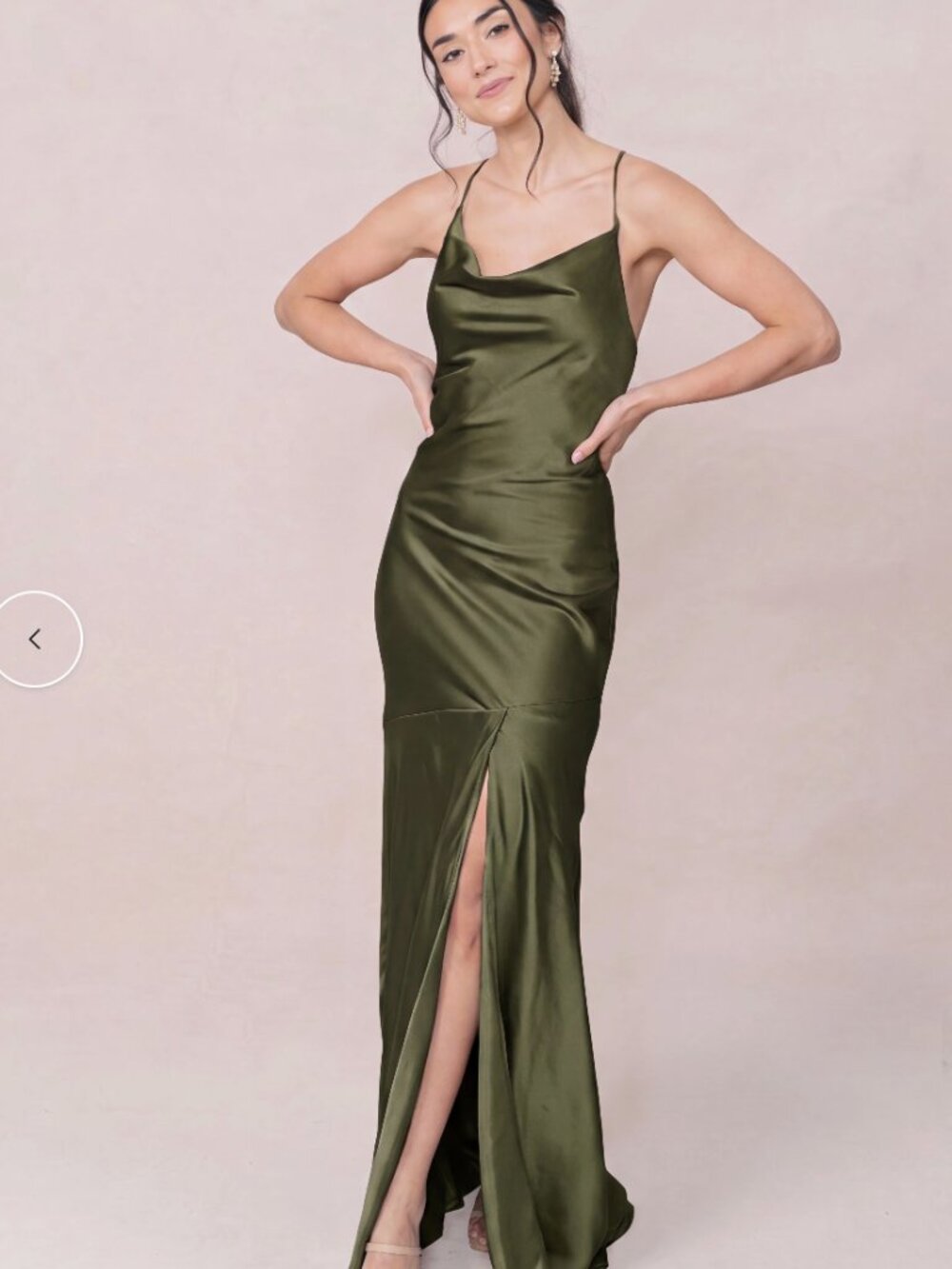 Revelry | Dresses | Revelry Kimora Satin Deep Olive Green Cowl Neck Maxi Dress With Slit Size 8